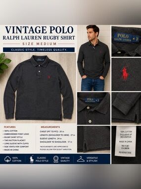 Polo by Ralph Lauren Dark Gray Long-Sleeve Rugby Polo with Red Pony M